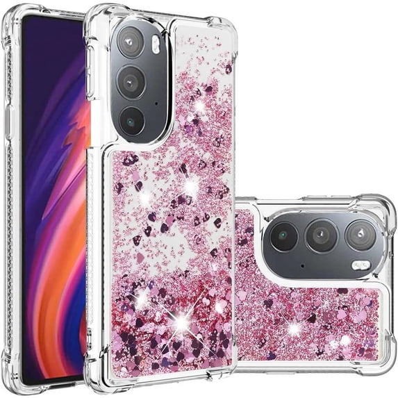 Compatible with Motorola Moto Edge Plus 2022 Case Glitter Liquid Cute Clear Phone Case Floating Quicksand Shockproof Protective Bumper Soft TPU Case for Moto Edge Plus 2022 5G Love Rose YB
