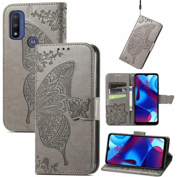 Compatible with Motorola Moto Edge Plus 2022 Wallet Case for Women, Leather Flip Folio with Kickstand Magnetic and Card Holder Protective Case for Moto Edge Plus 2022 Butterfly Grey SD