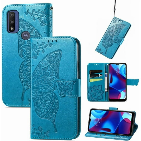 Compatible with Motorola Moto Edge Plus 2022 Wallet Case for Women, Leather Flip Folio with Kickstand Magnetic and Card Holder Protective Case for Moto Edge Plus 2022 Butterfly Blue SD