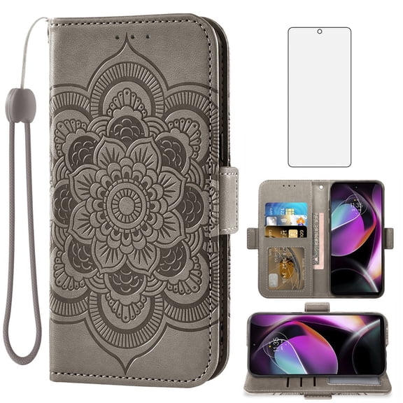 Compatible with Motorola Moto G 5G 2022 Wallet Phone Case and Tempered Glass Screen Protector Flip Credit Card Holder Stand Mandala Flower Cell Cover for MotoG 5 G G5G XT2213-3 XT2213-2 Women Gray