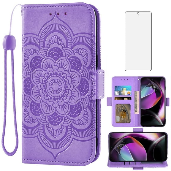 Compatible with Motorola Moto G 5G 2022 Wallet Phone Case and Tempered Glass Screen Protector Flip Credit Card Holder Stand Mandala Flower Cell Cover for MotoG 5 G G5G XT2213-3 XT2213-2 Women Purple