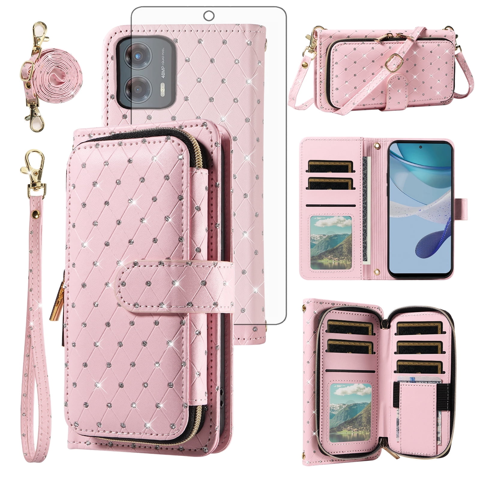 Compatible with Motorola Moto G 5G 2023 Wallet Phone Case Tempered Glass Screen Protector Bling Glitter Crossbody Lanyard Strap Flip Zipper Purse Card Holder Cell Cover for G5G 5 G G5 Women Men Pink