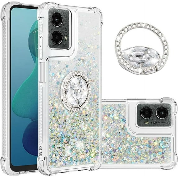 Compatible with Motorola Moto G 5G 2024 Case Glitter Liquid Clear Bling Moving Floating Sparkle with Ring Kickstand TPU Girly Women Cute Phone Case for Moto G 5G 2024 Sliver YBZ