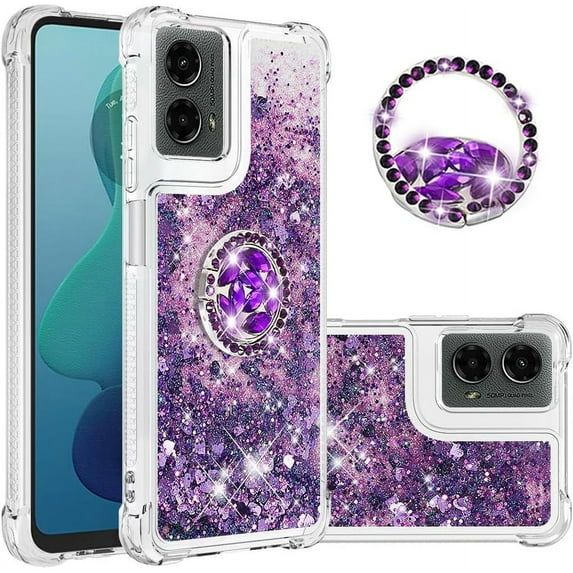 Compatible with Motorola Moto G 5G 2024 Case Glitter Sparkle Cute Clear Phone Case with Kickstand Diamond Ring Soft TPU Protective Liquid Case for Moto G 5G 2024 Purple YBR