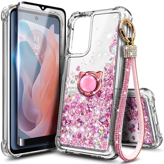 Compatible with Motorola Moto G 5G (2024) Case with Tempered Glass Screen Protector, Ring Holder/Wrist Strap, Nagebee Glitter Liquid Floating Waterfall Cute Phone Cover (Rose Gold)
