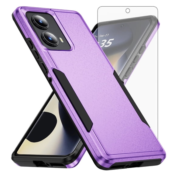 Compatible with Motorola Moto G 5G 2024 Phone Case Tempered Glass Screen Protector Hybrid Rugged Shockproof Hard Protective Drop Proof Full Body Heavy Duty Mobile Cell Cover for G5G 5 G G5 Men Purple