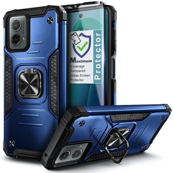 Compatible for Motorola Moto G 5G (2024) Phone Case with Tempered Glass Screen Protector, Nagebee Full-Body Protective [Military-Grade] Magnetic Car Mount Ring Holder Durable Cover (Blue)