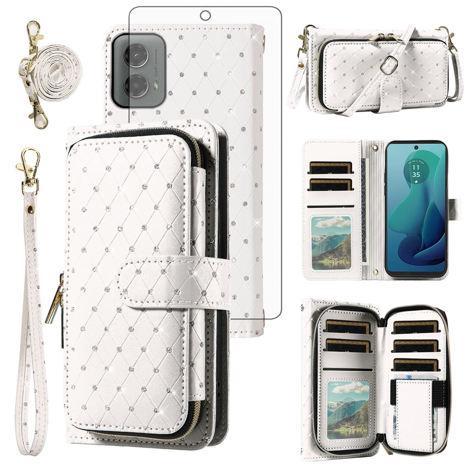Compatible with Motorola Moto G 5G 2024 Wallet Phone Case Tempered Glass Screen Protector Bling Glitter Crossbody Lanyard Strap Flip Zipper Purse Card Holder Cell Cover for G5G 5 G G5 Women Men White