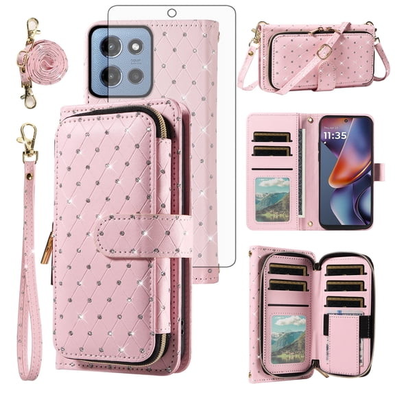 Compatible with Motorola Moto G 5G 2025 Wallet Phone Case Tempered Glass Screen Protector Bling Glitter Crossbody Lanyard Strap Flip Zipper Purse Card Holder Cell Cover for G5G 5 G G5 Women Men Pink