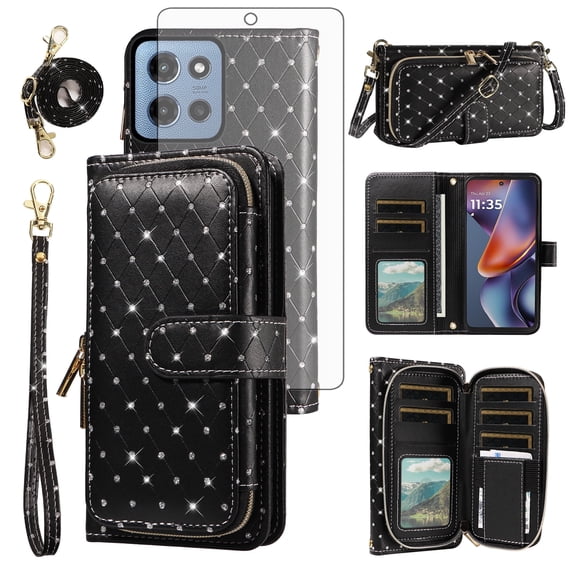 Compatible with Motorola Moto G 5G 2025 Wallet Phone Case Tempered Glass Screen Protector Bling Glitter Crossbody Lanyard Strap Flip Zipper Purse Card Holder Cell Cover for G5G 5 G G5 Women Men Black
