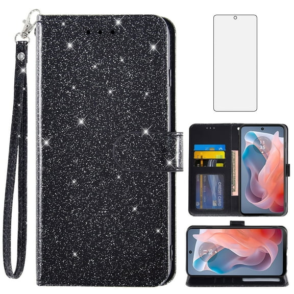 Compatible with Motorola Moto G Play 2024 4G Wallet Phone Case and Tempered Glass Screen Protector Flip Credit Card Holder Stand Bling Glitter Cell Cover for XT2413V XT2413-1 64GB Women Men Black