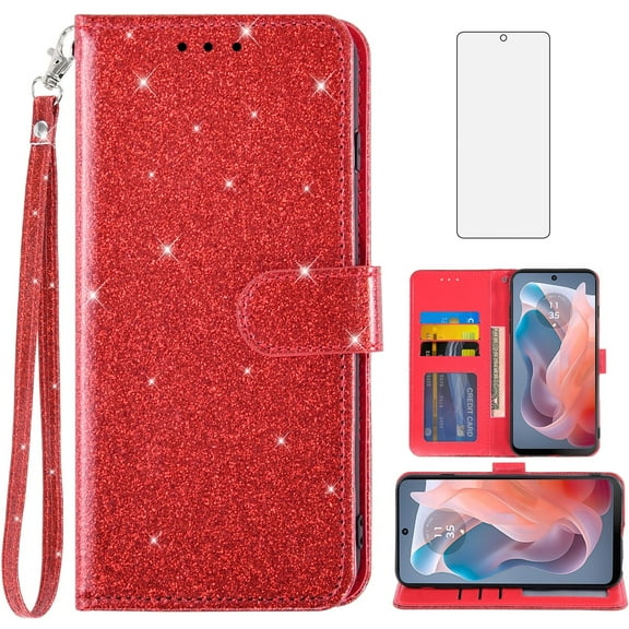 Compatible with Motorola Moto G Play 2024 4G Wallet Phone Case and Tempered Glass Screen Protector Flip Credit Card Holder Stand Bling Glitter Cell Cover for XT2413V XT2413-1 64GB Women Men Red