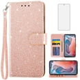 thumbnail image 1 of Compatible with Motorola Moto G Play 2024 4G Wallet Phone Case and Tempered Glass Screen Protector Flip Credit Card Holder Stand Bling Glitter Cell Cover for XT2413V XT2413-1 64GB Women Men Pink, 1 of 9