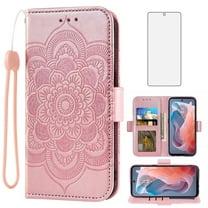 Compatible with Motorola Moto G Play 2024 4G Wallet Phone Case and Tempered Glass Screen Protector Flip Credit Card Holder Stand Mandala Flower Cell Cover for XT2413V XT2413-1 64GB Women Men Pink