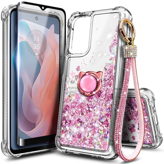 Compatible with Motorola Moto G Play (2024) Case with Tempered Glass Screen Protector, Ring Holder/Wrist Strap, Nagebee Glitter Liquid Floating Waterfall Cute Phone Cover (Rose Gold)