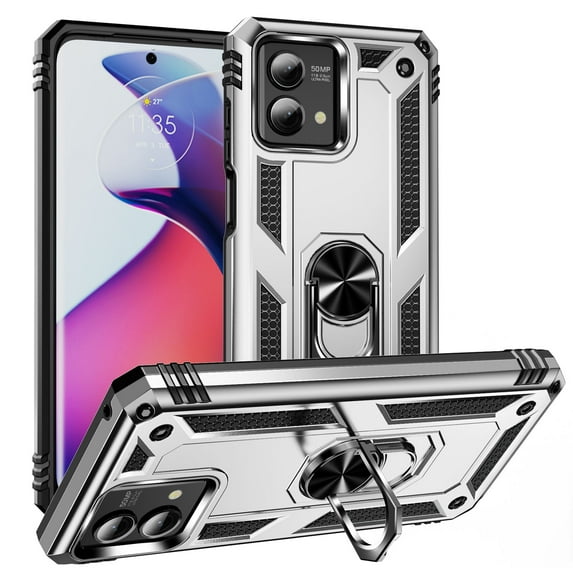 Compatible with Motorola Moto G Play 4G 2024 Case Built-in 360 Ring Holder Kickstand, Extreme Protection Military Armor Magnetic Car Dual Layer Protective Heavy Duty Phone Cover,Silver