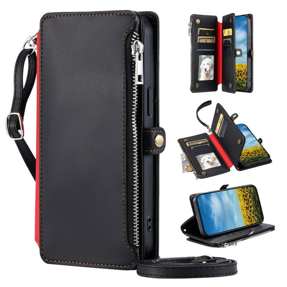 Compatible with Motorola Moto G Play 4G 2024 Case Wallet with Card Holder for Women Men, PU Leather Magnetic Snap Flip Zipper Wrist Strap and Crossbody Strap Stand Case for Moto G Play 4G 2024, Black
