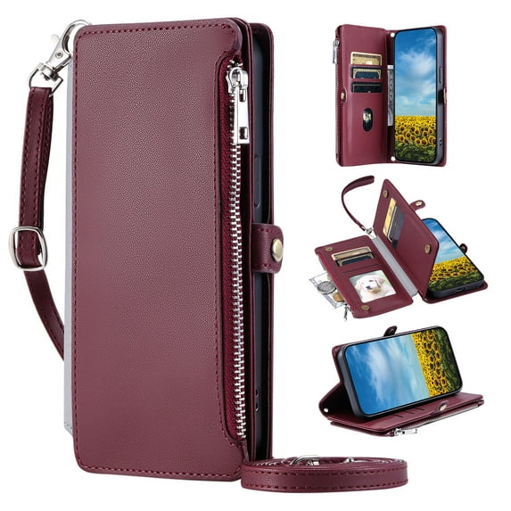 Compatible with Motorola Moto G Play 4G 2024 Case Wallet with Card Holder for Women Men, PU Leather Magnetic Snap Flip Zipper Wrist Strap Crossbody Strap Stand Case for Moto G Play 4G 2024, Winered