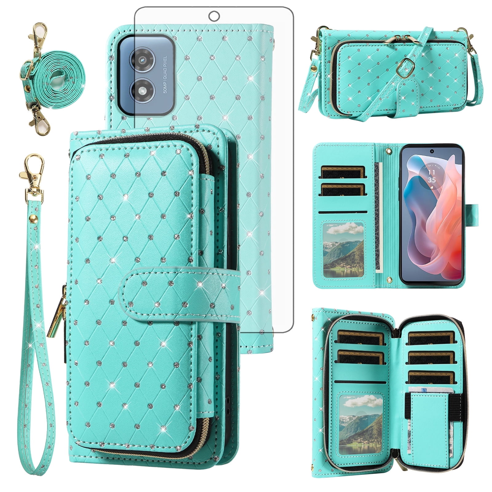 Compatible with Motorola Moto G Play 4G 2024 Wallet Phone Case Tempered Glass Screen Protector Bling Glitter Crossbody Lanyard Strap Flip Zipper Purse Card Holder Cell Cover for XT2413V Women Green