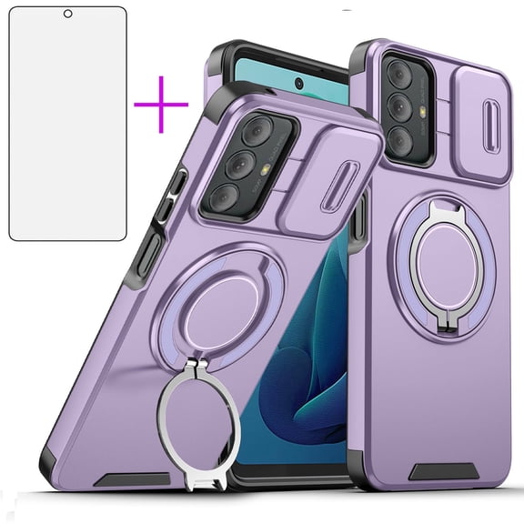Compatible with Motorola Moto G Power 2022/G Play 2023/G Pure 2021 Phone Case Slide Camera Cover Tempered Glass Screen Protector Stand Ring Holder Rugged Slim Cell for XT2271DL XT2165DL Women Purple