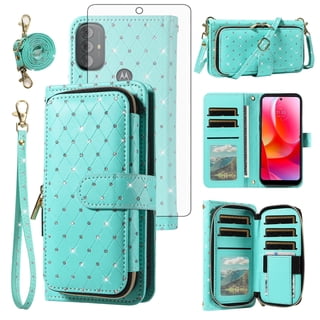 Compatible with Motorola Moto G Power 2022/G Play 2023/G Pure 2021 Wallet Phone Case Tempered Glass Screen Protector Bling Crossbody Lanyard Strap Flip Zipper Purse Card Holder Cell Cover for Green