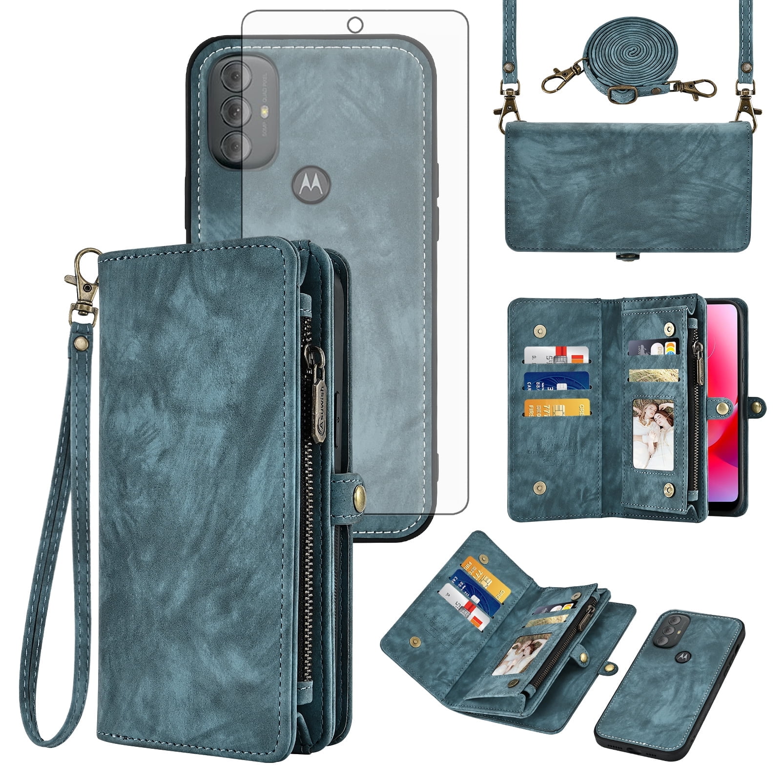 Compatible with Motorola Moto G Power 2022/MotoG Play 2023/G Pure 2021 Phone Case Zipper Wallet Screen Protector Strap Flip Card Holder Cell Cover for XT2271DL XT2165DL XT2163DL XT2165-5 Blue