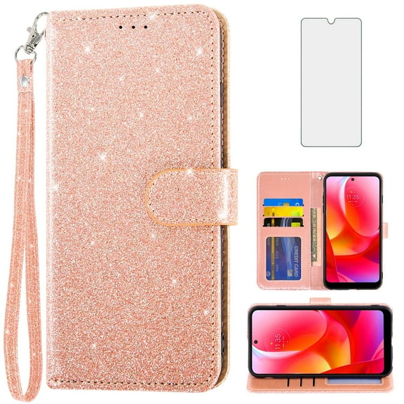 Compatible with Motorola Moto G Power 2022/MotoG Play 2023/G Pure 2021 Wallet Phone Case and Tempered Glass Screen Protector Flip Credit Card Holder Stand Bling Glitter Cell Cover for Women Pink