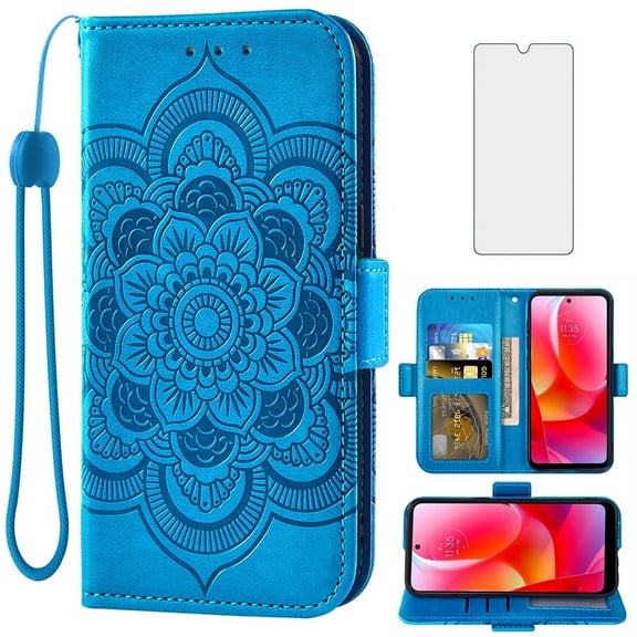 Compatible with Motorola Moto G Power 2022/MotoG Play 2023/G Pure 2021 Wallet Phone Case and Tempered Glass Screen Protector Flip Credit Card Holder Stand Mandala Flower Cell Cover for XT2271DL Blue