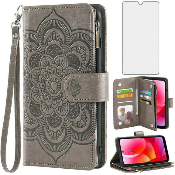 Compatible with Motorola Moto G Power 2022/MotoG Play 2023/G Pure 2021 Wallet Phone Case and Tempered Glass Screen Protector Flower Faux Leather Flip Credit Card Holder Stand Zipper Cell Cover Grey