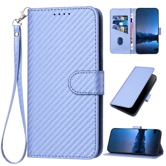 Compatible with Motorola Moto G Power 2023 Wallet Case, with Wrist Strap Carbon Fiber Texture PU Leather Flip Card Holder Stand Phone Cover for Moto G Power 2023 Women Men, Light Purple