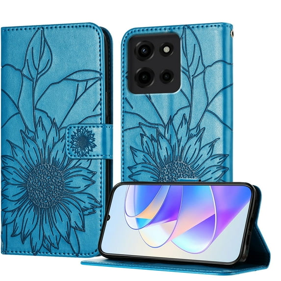Compatible with Motorola Moto G Power (2025) Wallet Case,Sunflower Emboss PU Leather Flip Case for Women Men with Card Holder,Magnetic Closure,Flip Folding Kickstand,Shockproof Phone Case,Blue