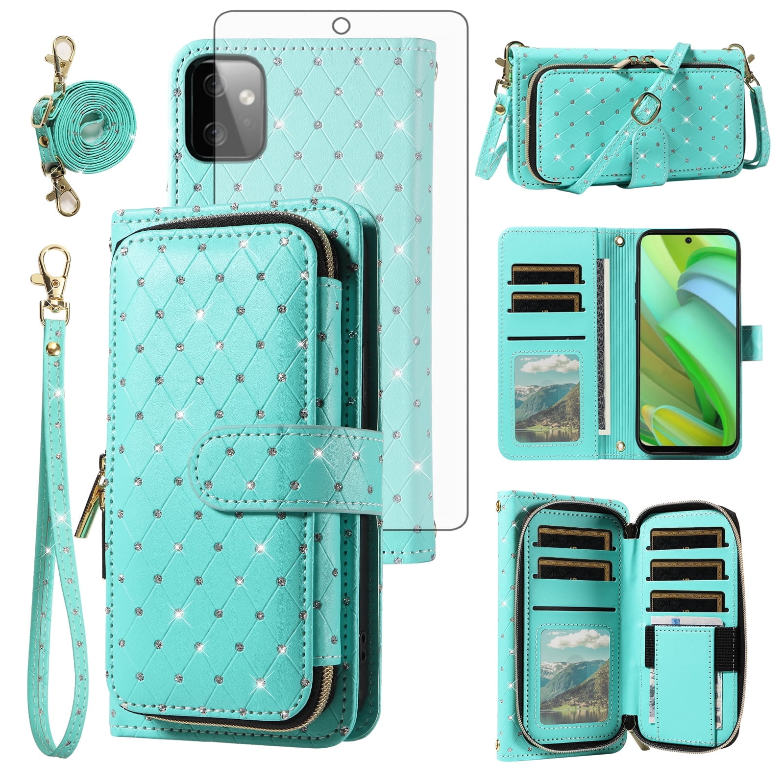 Compatible with Motorola Moto G Power 5G 2023 Wallet Phone Case Tempered Glass Screen Protector Bling Glitter Crossbody Lanyard Strap Flip Zipper Purse Card Holder Cell Cover for GPower Women Green