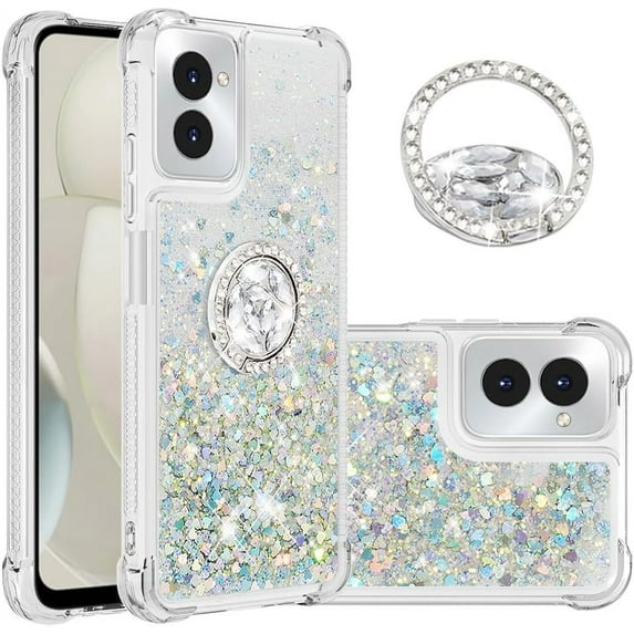 Compatible with Motorola Moto G Power 5G 2024 Case Glitter Liquid Clear Bling Moving Floating Sparkle with Ring Kickstand TPU Girly Women Cute Phone Case for Moto G Power 5G 2024 Sliver YBZ