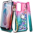 thumbnail image 1 of Compatible with Motorola Moto G Power 5G 2024 Case with Tempered Glass Screen Protector, Ring Holder/Wrist Strap, Nagebee Glitter Liquid Floating Waterfall Cute Phone Cover (Pink/Aqua), 1 of 6