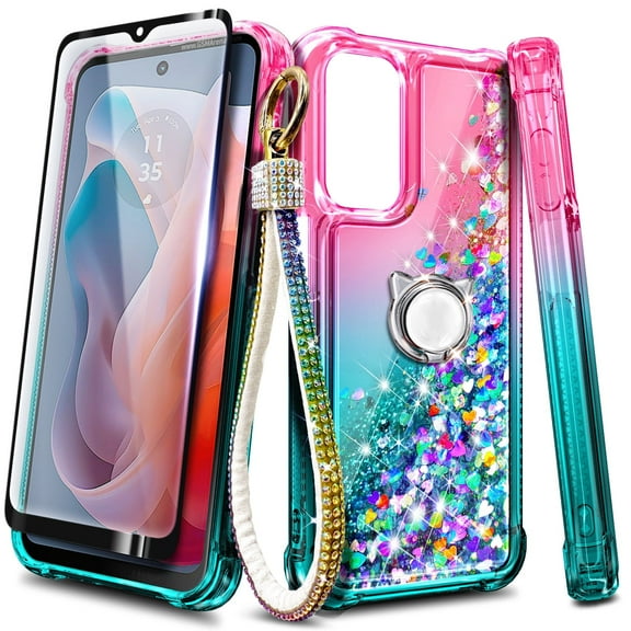 Compatible with Motorola Moto G Power 5G 2024 Case with Tempered Glass Screen Protector, Ring Holder/Wrist Strap, Nagebee Glitter Liquid Floating Waterfall Cute Phone Cover (Pink/Aqua)