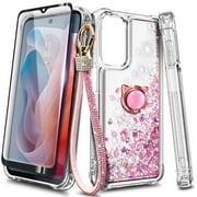 Compatible with Motorola Moto G Power 5G 2024 Case with Tempered Glass Screen Protector, Ring Holder/Wrist Strap, Nagebee Glitter Liquid Floating Waterfall Cute Phone Cover Rose Gold