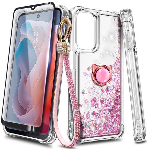 Compatible with Motorola Moto G Power 5G 2024 Case with Tempered Glass Screen Protector, Ring Holder/Wrist Strap, Nagebee Glitter Liquid Floating Waterfall Cute Phone Cover (Rose Gold)