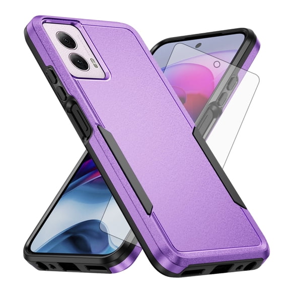 Compatible with Motorola Moto G Power 5G 2024 Phone Case Tempered Glass Screen Protector Hybrid Rugged Shockproof Hard Protective Drop Proof Full Body Heavy Duty Mobile Cell Cover for Women Purple