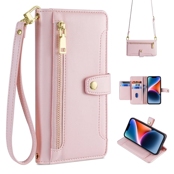 Compatible with Motorola Moto G Power 5G 2024, Zipper Purse Shoulder Strap & Wrist Strap Card Slots Kickstand PU Leather Wallet Case Rugged Magnetic Closure for Motorola Moto G Power 5G 2024, Pink