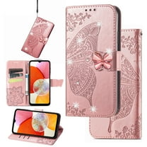 Compatible with Motorola Moto G Stylus (4G) 2023 Wallet Case, [NOT for 5G] [Kickstand Feature][Wrist Strap][Card Slots][3D Bling Rhinestone Emboss Butterfly] Leather Magnetic Flip Case, Rosegold