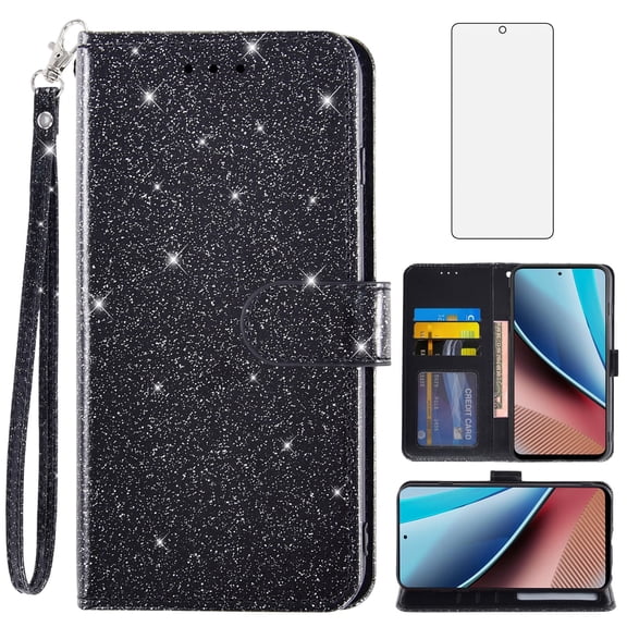 Compatible with Motorola Moto G Stylus 4G 2023 Wallet Phone Case and Tempered Glass Screen Protector Flip Credit Card Holder Stand Bling Glitter Cell Cover for GStylus XT2317-1 XT2317-2 Women Black