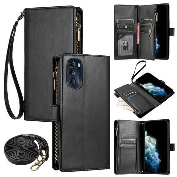 Compatible with Motorola Moto G Stylus 5G 2022 Wallet Case, [9 Card Slots] [Cash Pocket] [Zipper Pocket] Removable Adjustable Crossbody Strap+Wrist Strap Magnetic PU Leather Kickstand Phone Case,Black