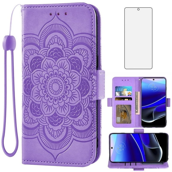 Compatible with Motorola Moto G Stylus 5G 2022 Wallet Phone Case and Tempered Glass Screen Protector Flip Credit Card Holder Stand Flower Cell Cover for XT2215-1 XT2215-4 XT2215DL Women Men Purple