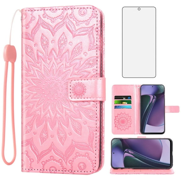 Compatible with Motorola Moto G Stylus 5G 2023 Wallet Phone Case and Tempered Glass Screen Protector Flip Credit Card Holder Stand Mandala Flower Cell Cover for GStylus G5 XT2317DL XT2315-5 Pink