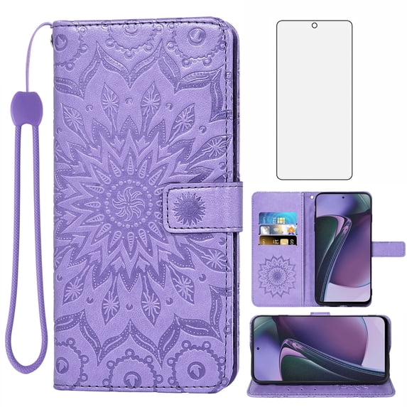 Compatible with Motorola Moto G Stylus 5G 2023 Wallet Phone Case and Tempered Glass Screen Protector Flip Credit Card Holder Stand Mandala Flower Cell Cover for GStylus G5 XT2317DL XT2315-5 Purple