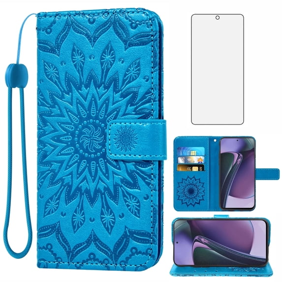 Compatible with Motorola Moto G Stylus 5G 2023 Wallet Phone Case and Tempered Glass Screen Protector Flip Credit Card Holder Stand Mandala Flower Cell Cover for GStylus G5 XT2317DL XT2315-5 Blue