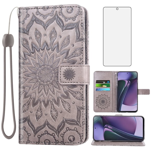Compatible with Motorola Moto G Stylus 5G 2023 Wallet Phone Case and Tempered Glass Screen Protector Flip Credit Card Holder Stand Mandala Flower Cell Cover for GStylus G5 XT2317DL XT2315-5 Gray