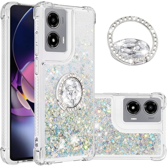 Compatible with Motorola Moto G Stylus 5G 2024 Case Glitter Liquid Clear Bling Moving Floating Sparkle with Ring Kickstand TPU Girly Women Cute Phone Case for Moto G Stylus 5G 2024 Sliver YBZ