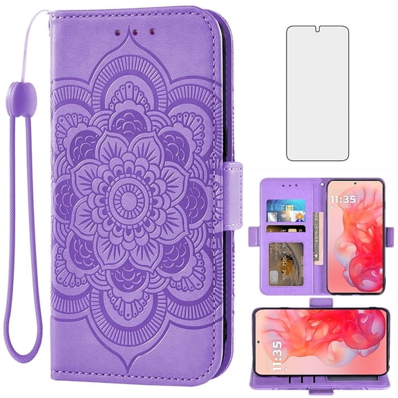 Compatible with Motorola Moto G Stylus 5G 2024 Wallet Phone Case and Tempered Glass Screen Protector Flip Credit Card Holder Stand Mandala Flower Cell Cover Wrist Strap for G5 Women Men Purple