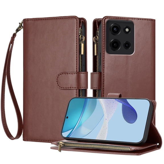 Compatible with Motorola Moto G Stylus 5G 2025 Wallet Case, [9 Card Slots] [Cash Pocket] [Zipper Pocket] Removable Adjustable Crossbody Strap+Wrist Strap Magnetic PU Leather Kickstand Case, Brown